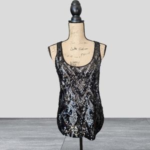 Express Black Sequined Front Fitted Tank Top Size Small